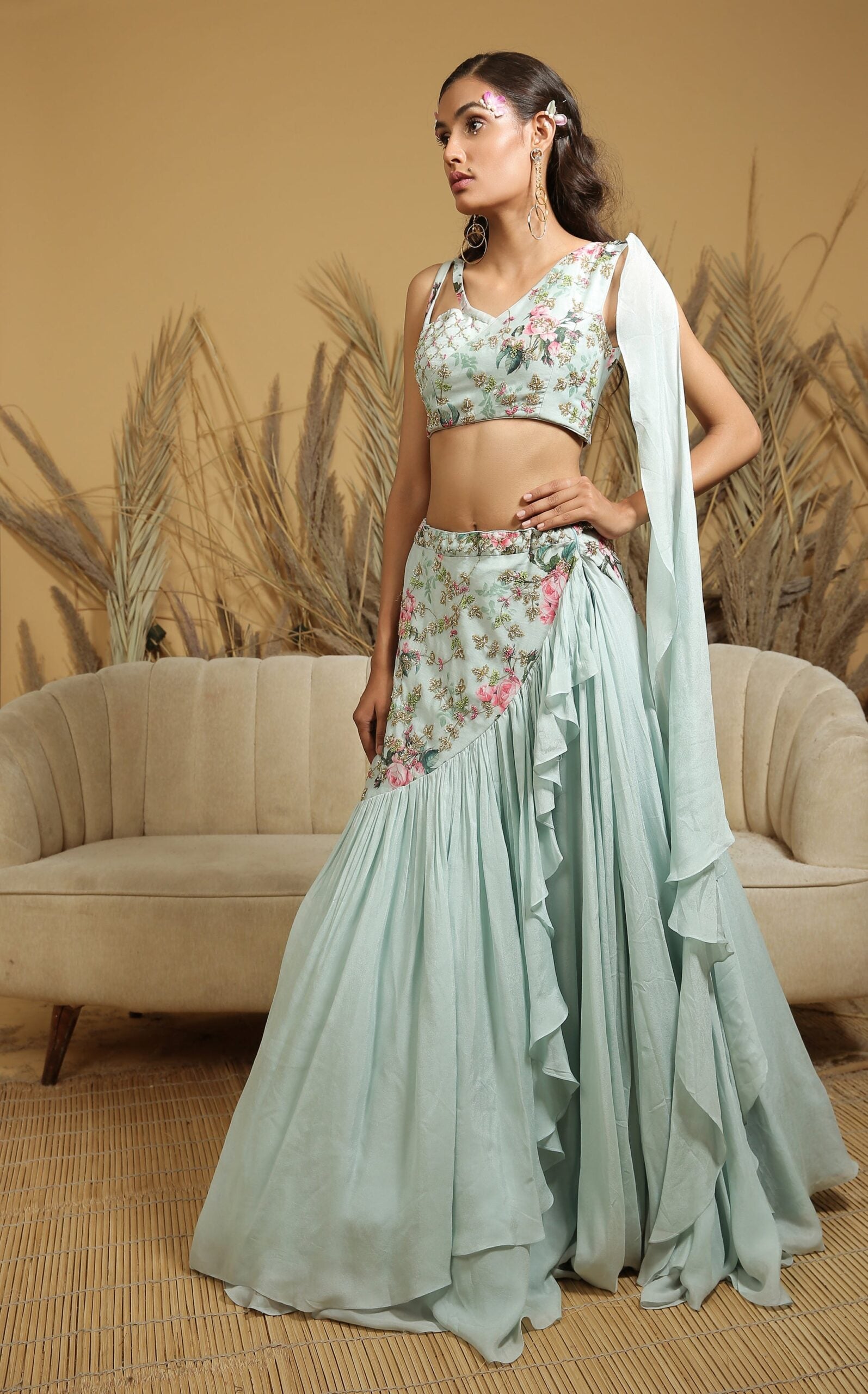 Pastel Blue Embroidered Fusion Lehenga Set image 4