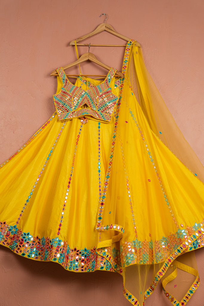 Sunshine Yellow Multicolor Thread &amp; Mirrorwork Lehenga Set image 0