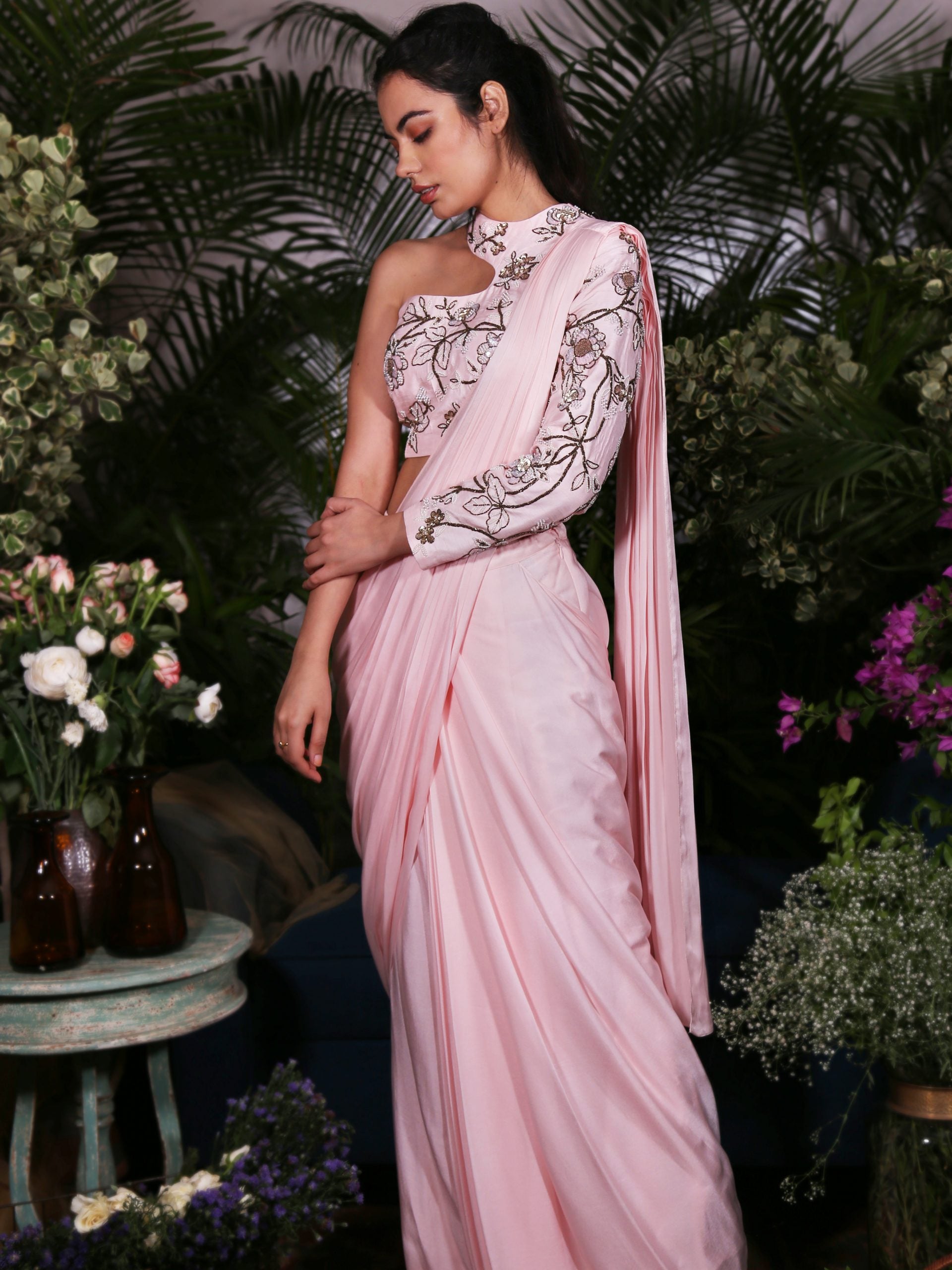 Pre-Draped Pink Saree with In-Cut Shoulder Blouse - XL image