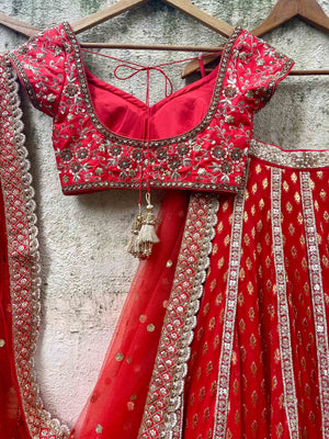 Red Bridal Sharmily Embroidered Lehenga Set image 3
