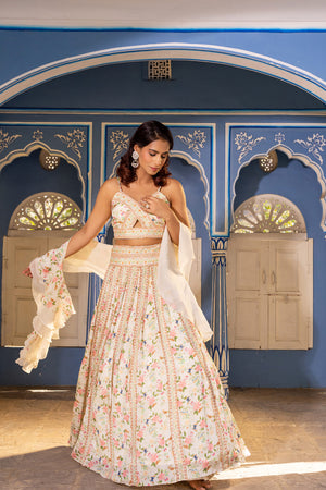 Off-White Georgette &amp; Organza Embroidered Lehenga Set - L image