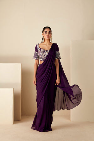 Purple Pre-Drape Saree Ensemble - S image