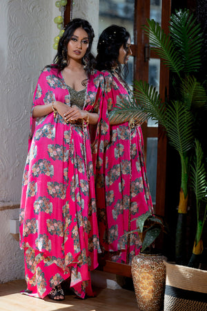 Fuchsia Pink Floral Draped Skirt and Cape Set - L image