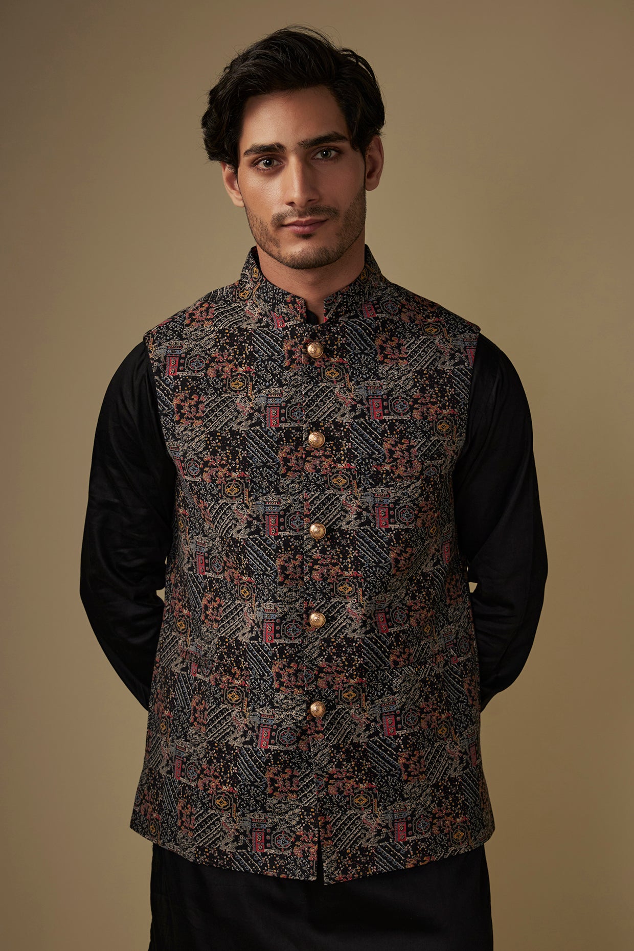 Black Printed Jacket Kurta Set image 4