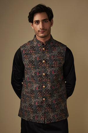 Black Printed Jacket Kurta Set image 4