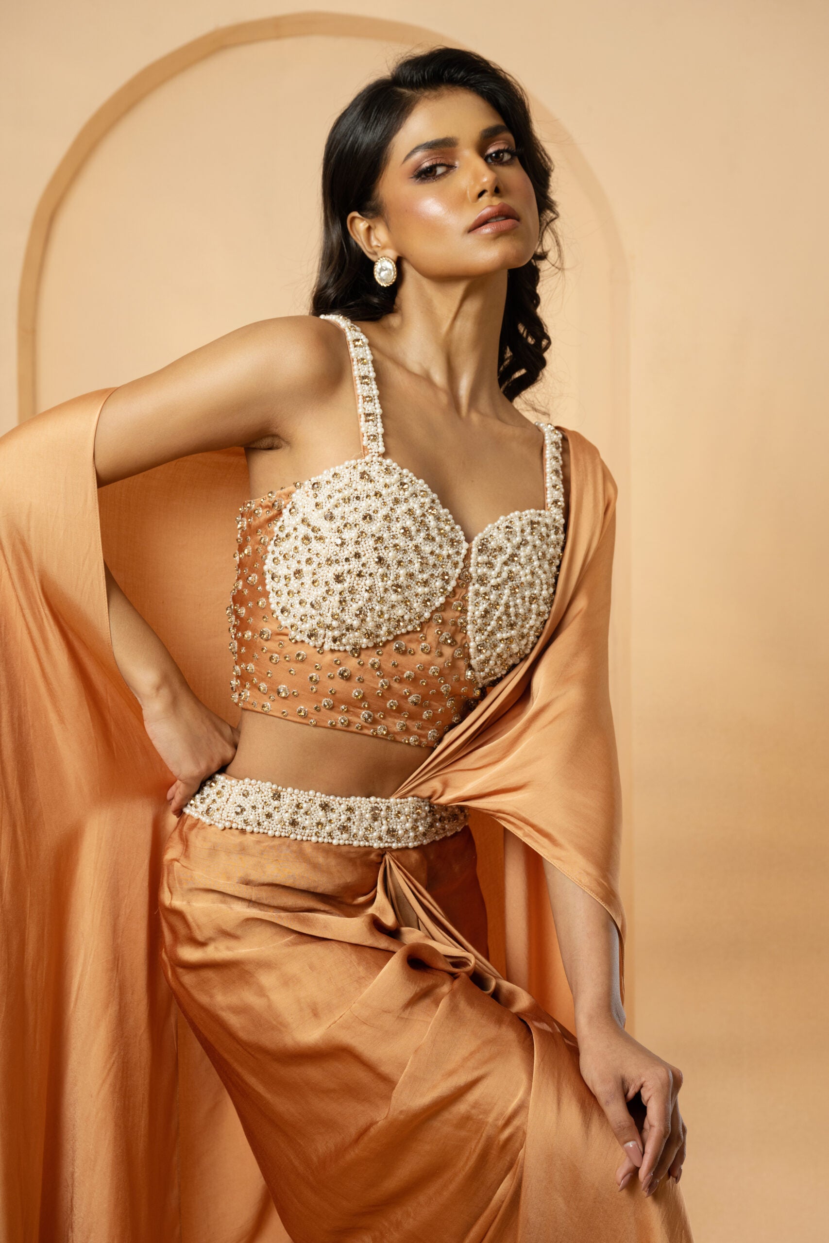 Golden Pearl Embellished Drape Saree image 4