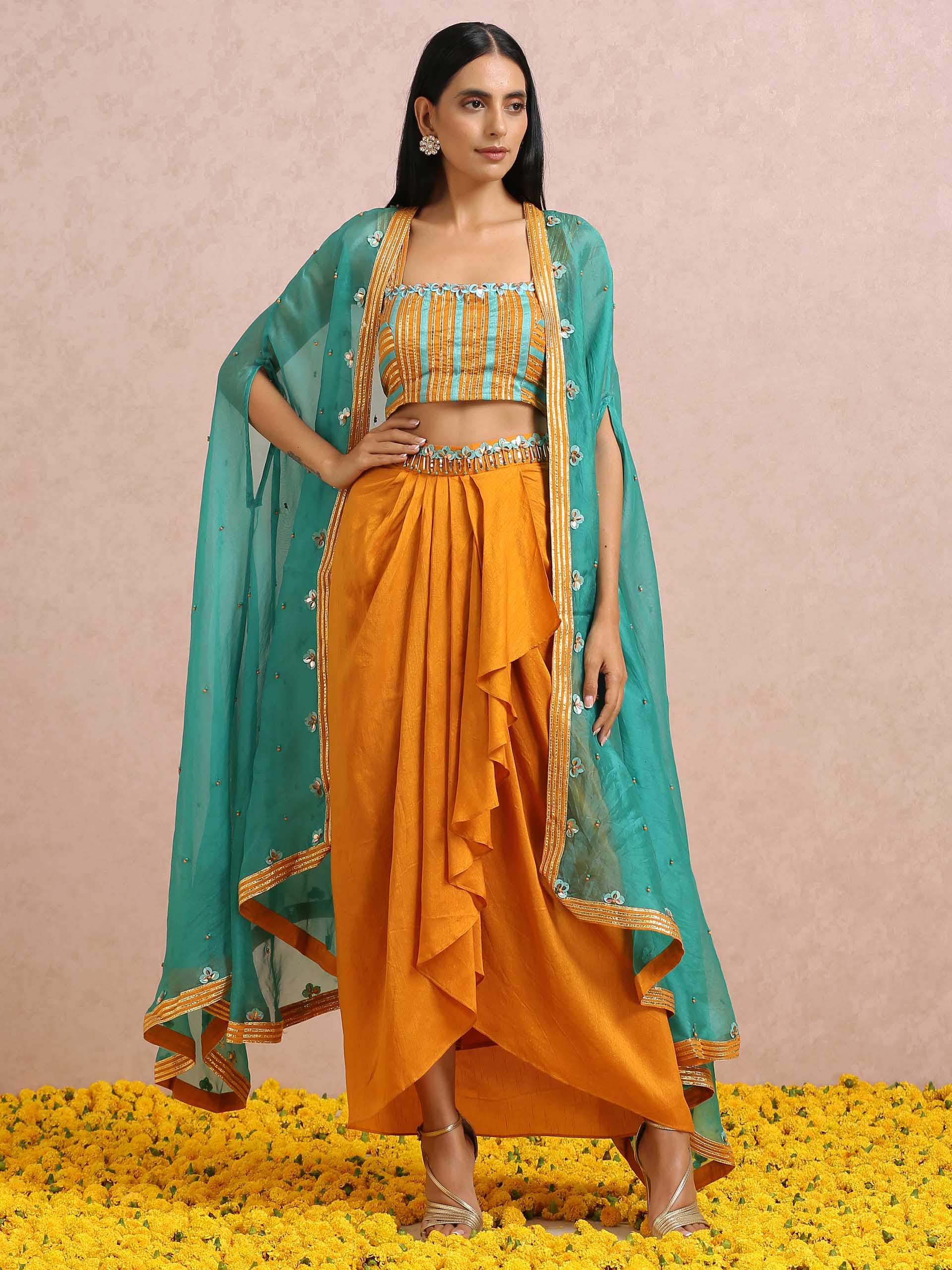 Rust Orange Dhoti Skirt Set with Teal Cape - XL image
