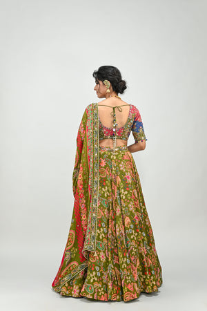 Olive Highlighted Lehenga Paired With Patch Embroidered Badla  Blouse and  Dual Print Highlighted Dupatta image 3