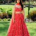 Cherry Red Floral Printed Lehenga Set image 0