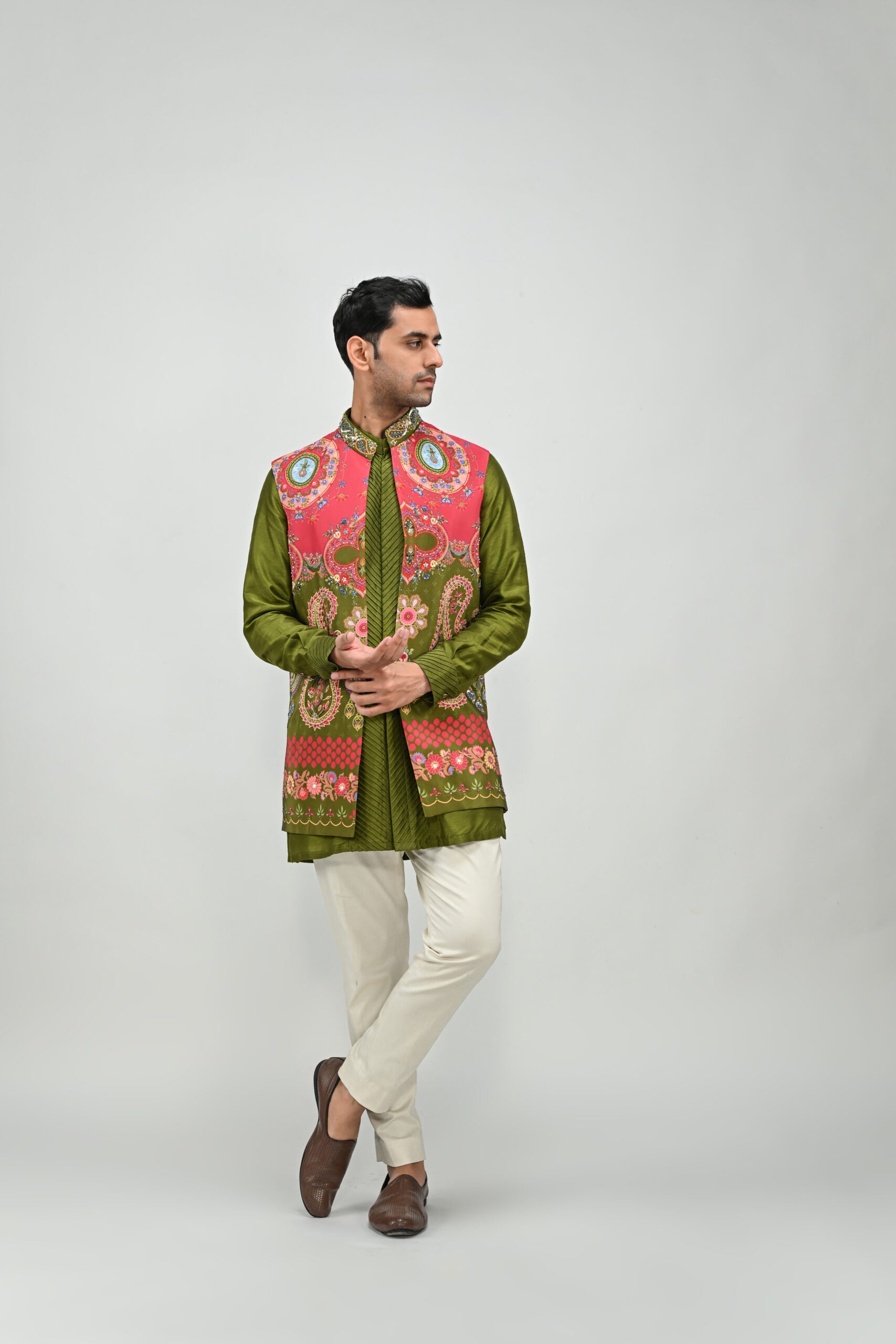 Olive Green Highlighted Half Jacket Full Set image 0