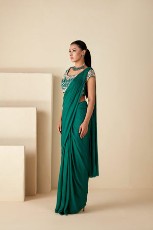 Green Embroidered Pre-Drape Saree - Custom image