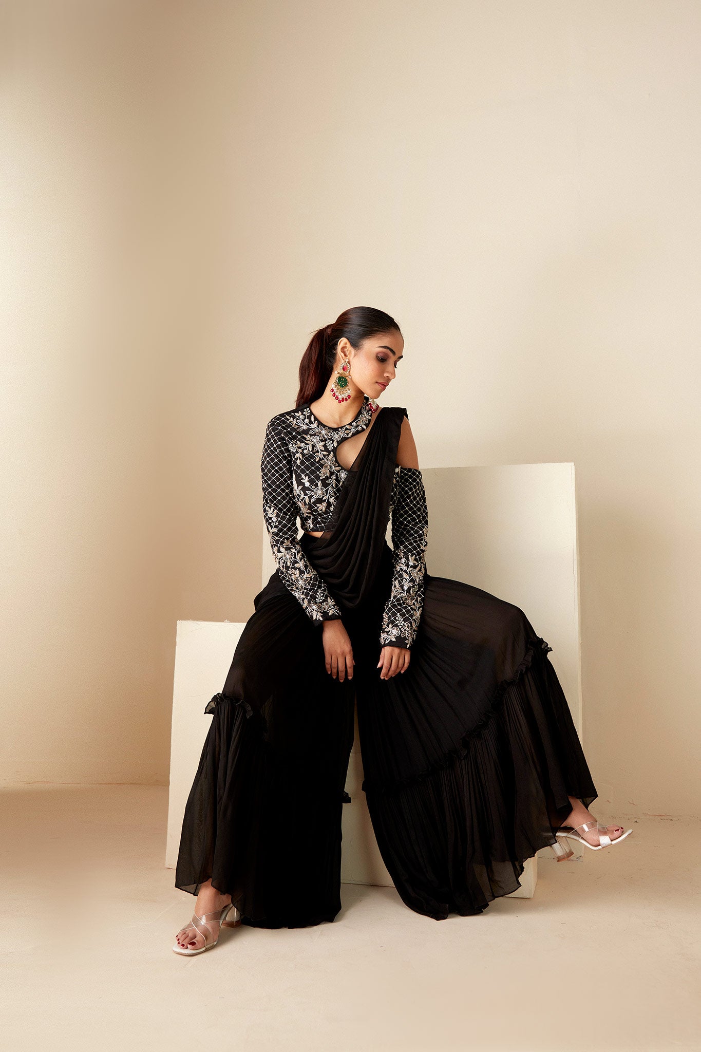 Black Georgette Pant Saree image 3