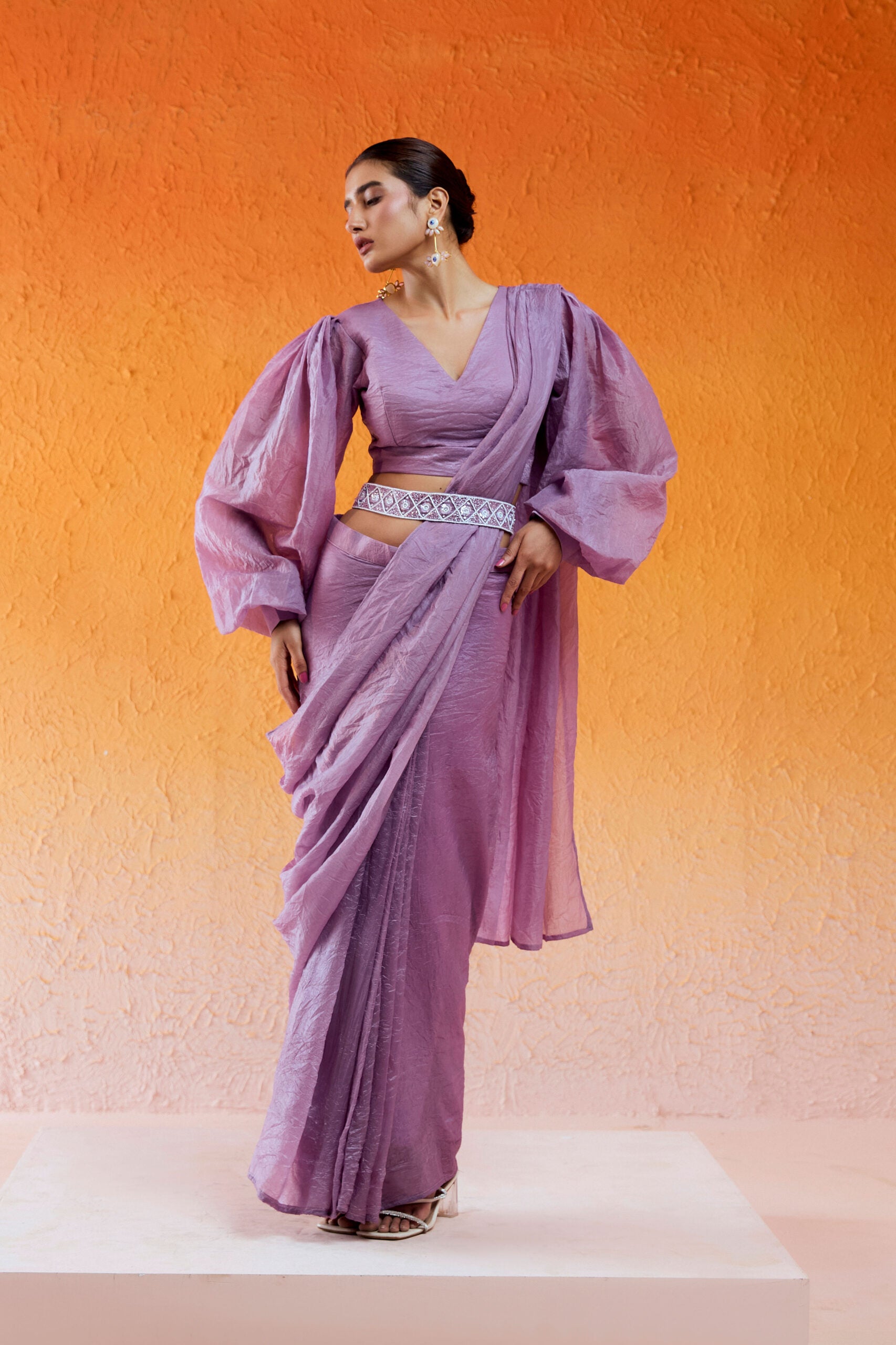 Lavender Embroidered Drape Saree Set with Belt - M image