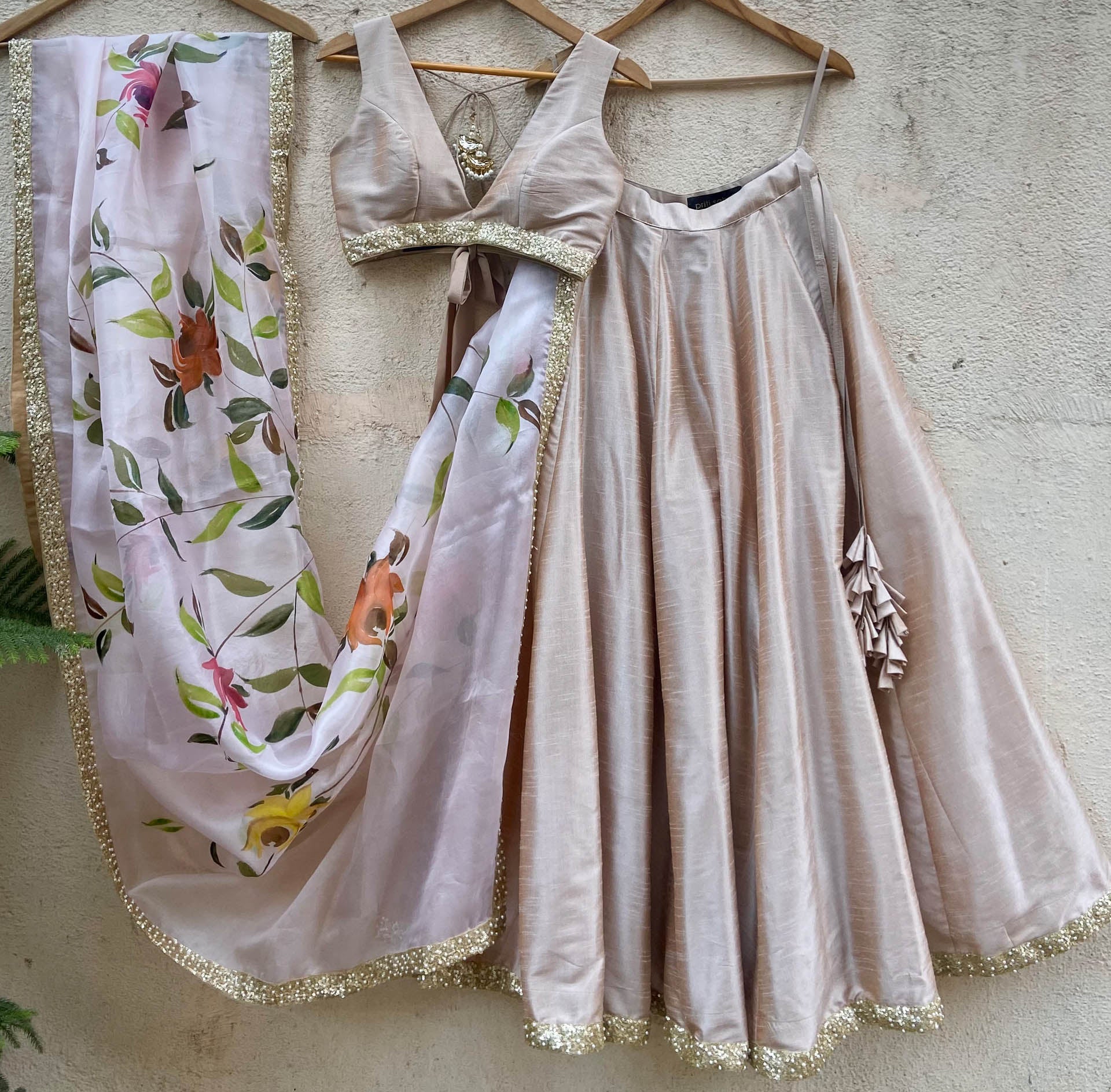 Beige Sequin Lehenga Set image 0