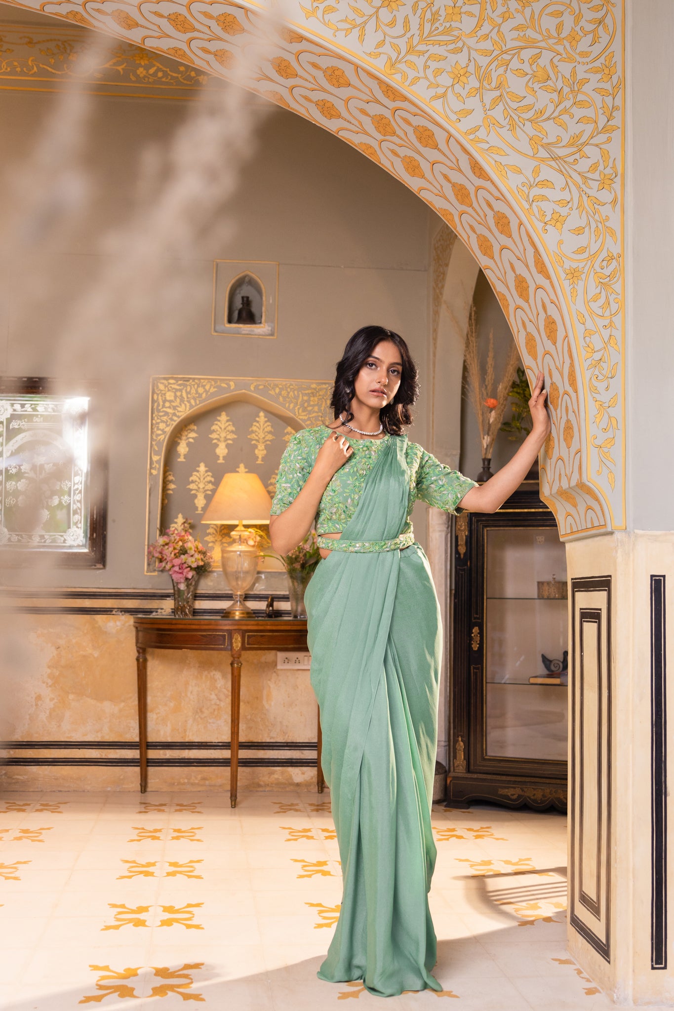 Sage Green Pre-Draped Georgette Saree - XL image
