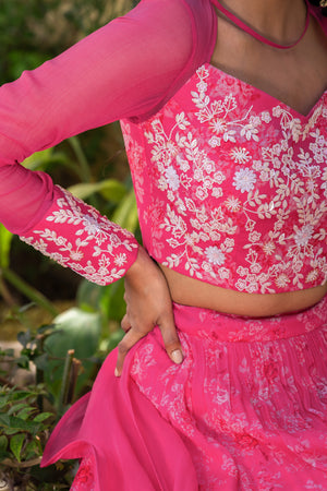 Pink Georgette &amp; Net Layered Lehenga Set image 4
