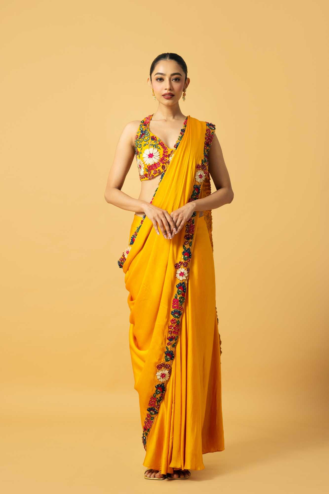Golden Yellow Modal Satin Saree image 1