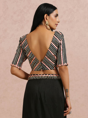Black and Peach Pre Draped Saree Set image 7