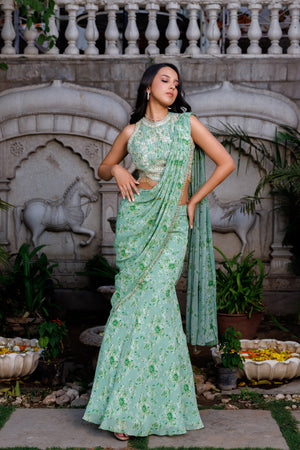Sage Green Fish Cut Lehenga Set - M image