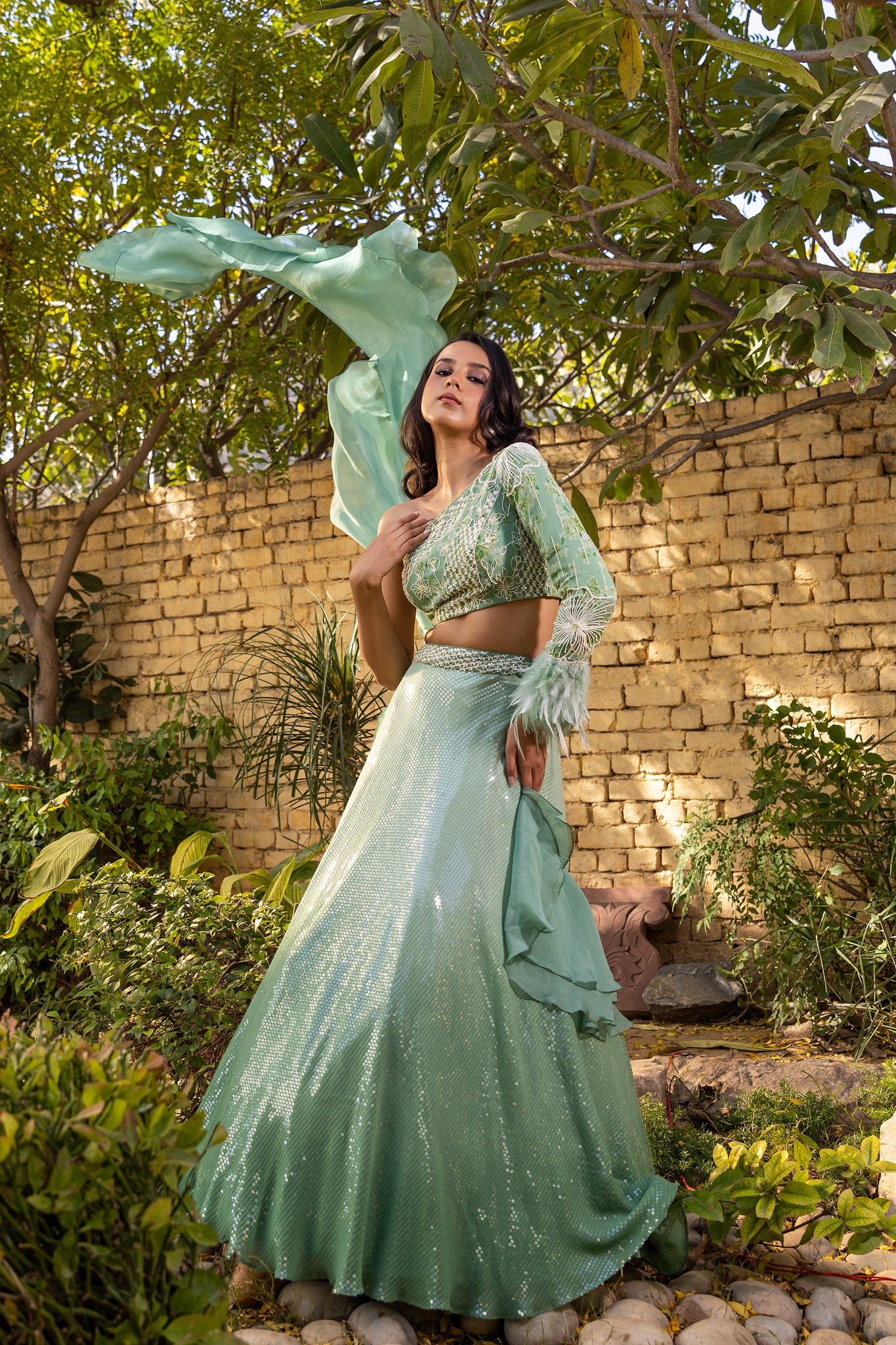 Green Georgette Crepe Embellished Lehenga Set image 2