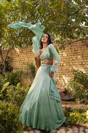 Green Georgette Crepe Embellished Lehenga Set image 2