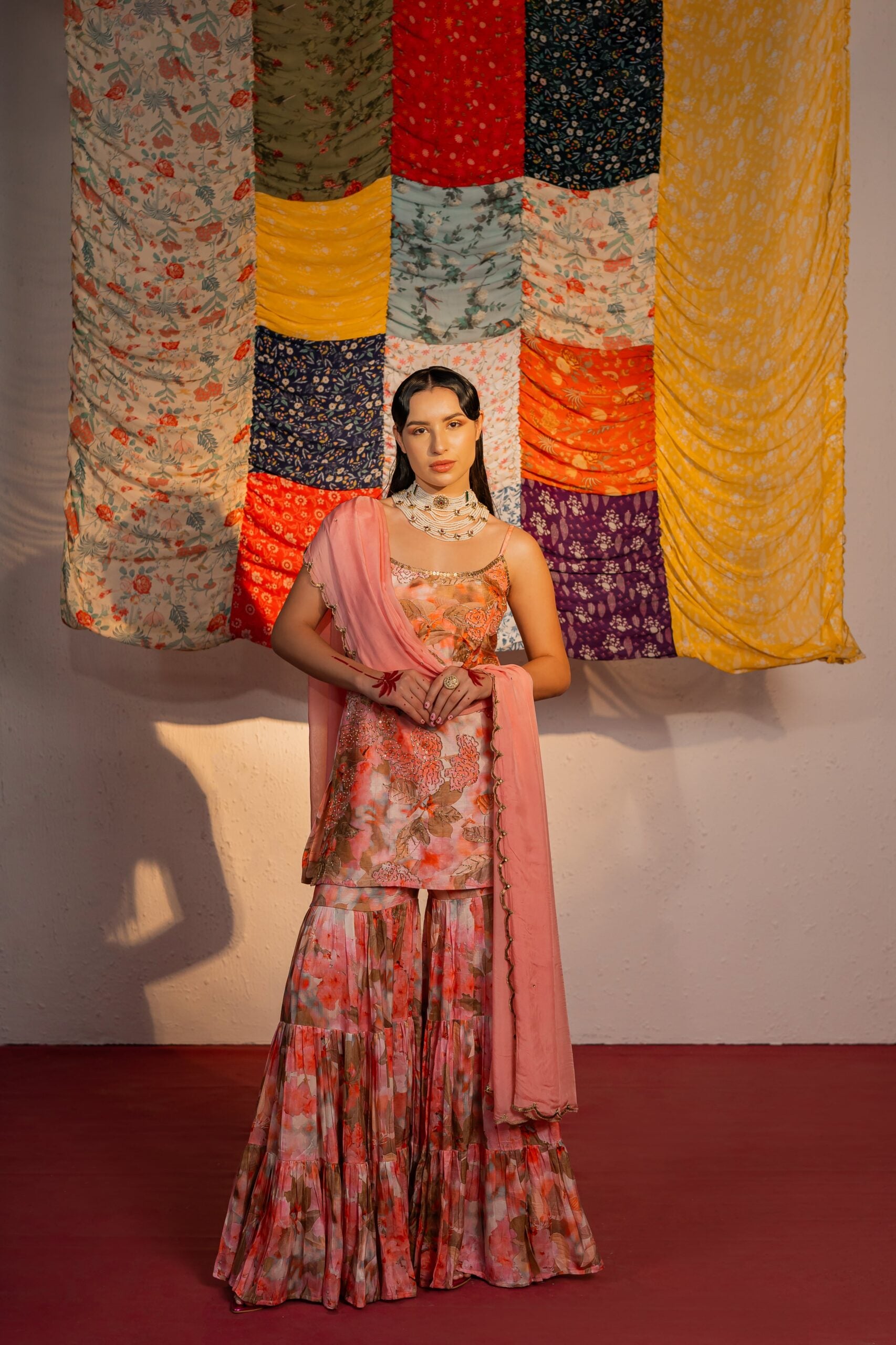 Coral Pink Embroidered And Printed Sharara Set image 0