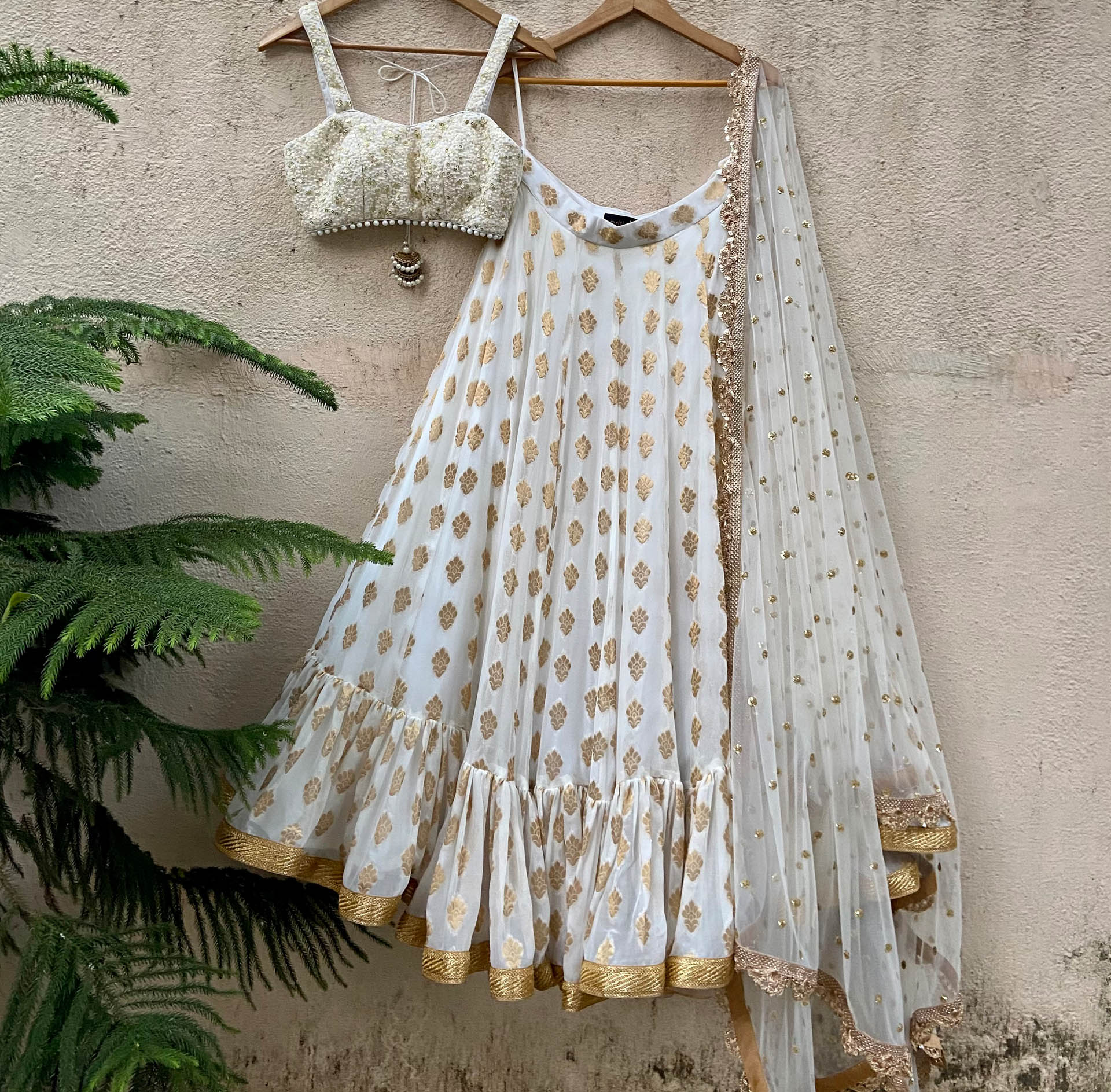 Ivory Gold Ruffle Lehenga Set - M image