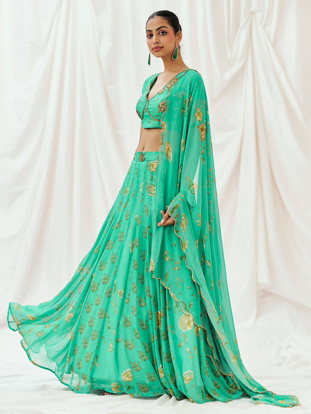 Turquoise Blue Printed Embroidered Lehenga Set with Dupatta image 3