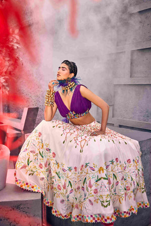Purple And White With Floral Skirt Set - M image