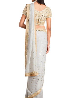 Shimmer Gray Mirror Work Saree with Blouse image 2