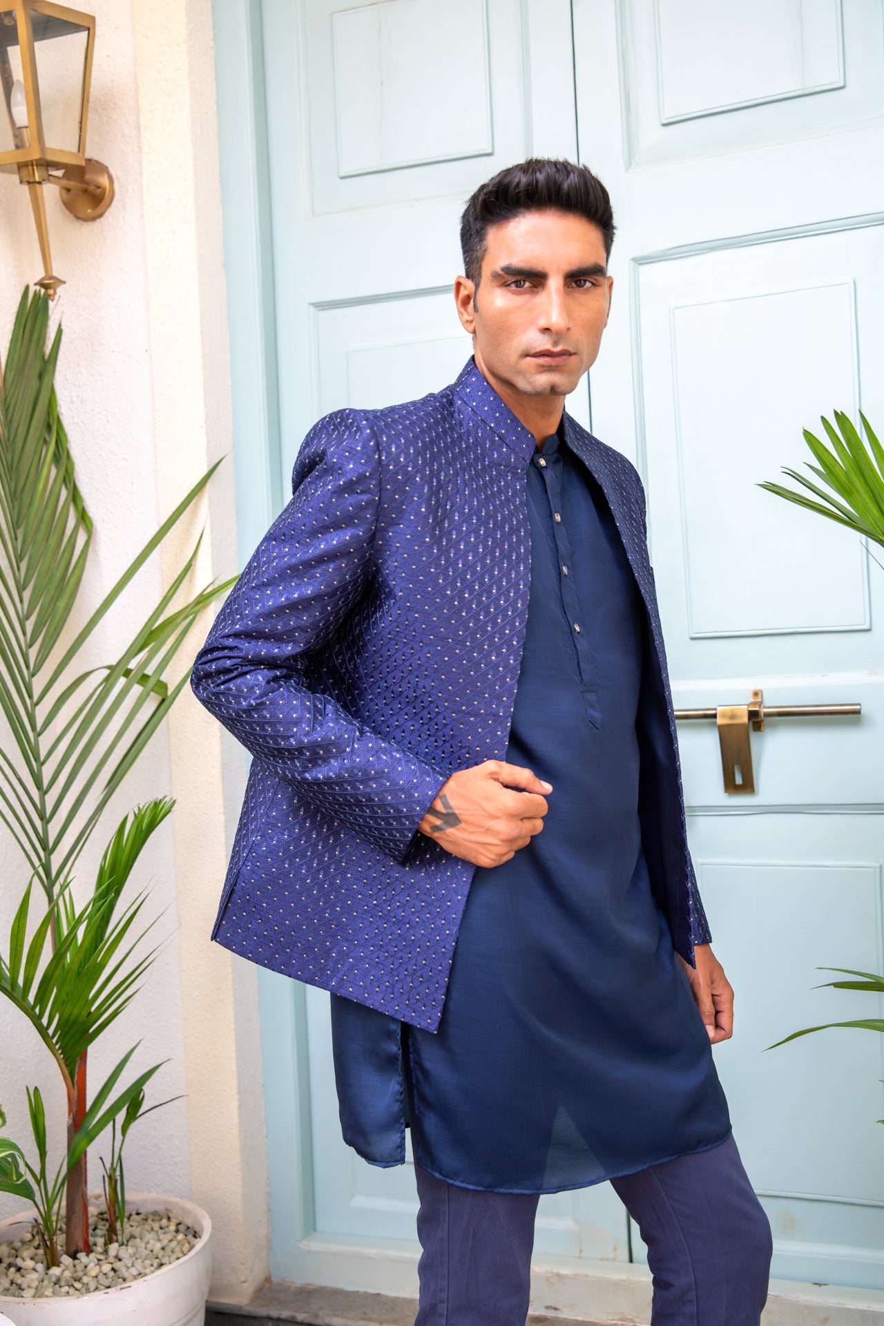 Navy Sequin Open Jacket Kurta Set image 2