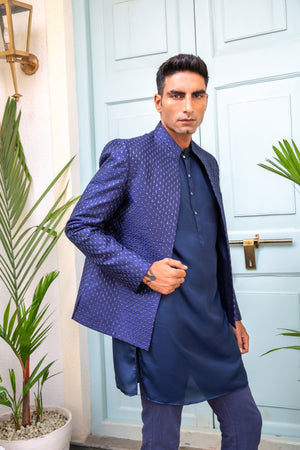 Navy Sequin Open Jacket Kurta Set image 2