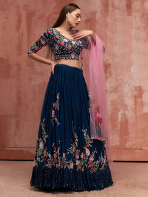 Peacock Blue Floral Lehenga Set image 3