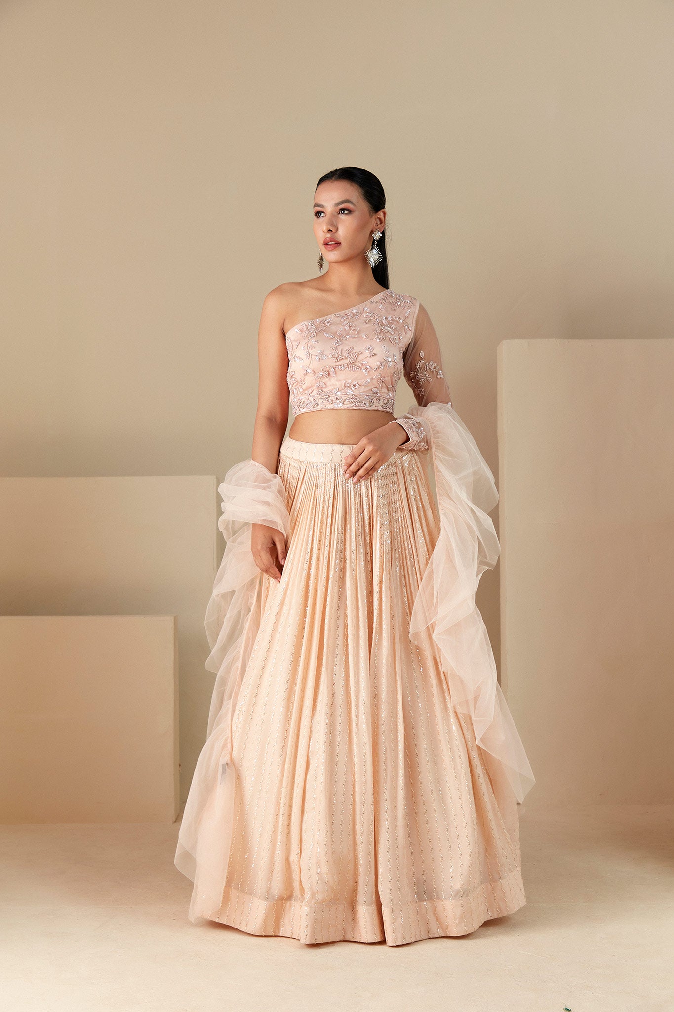 Peach Georgette One Shoulder Lehenga Set - M image