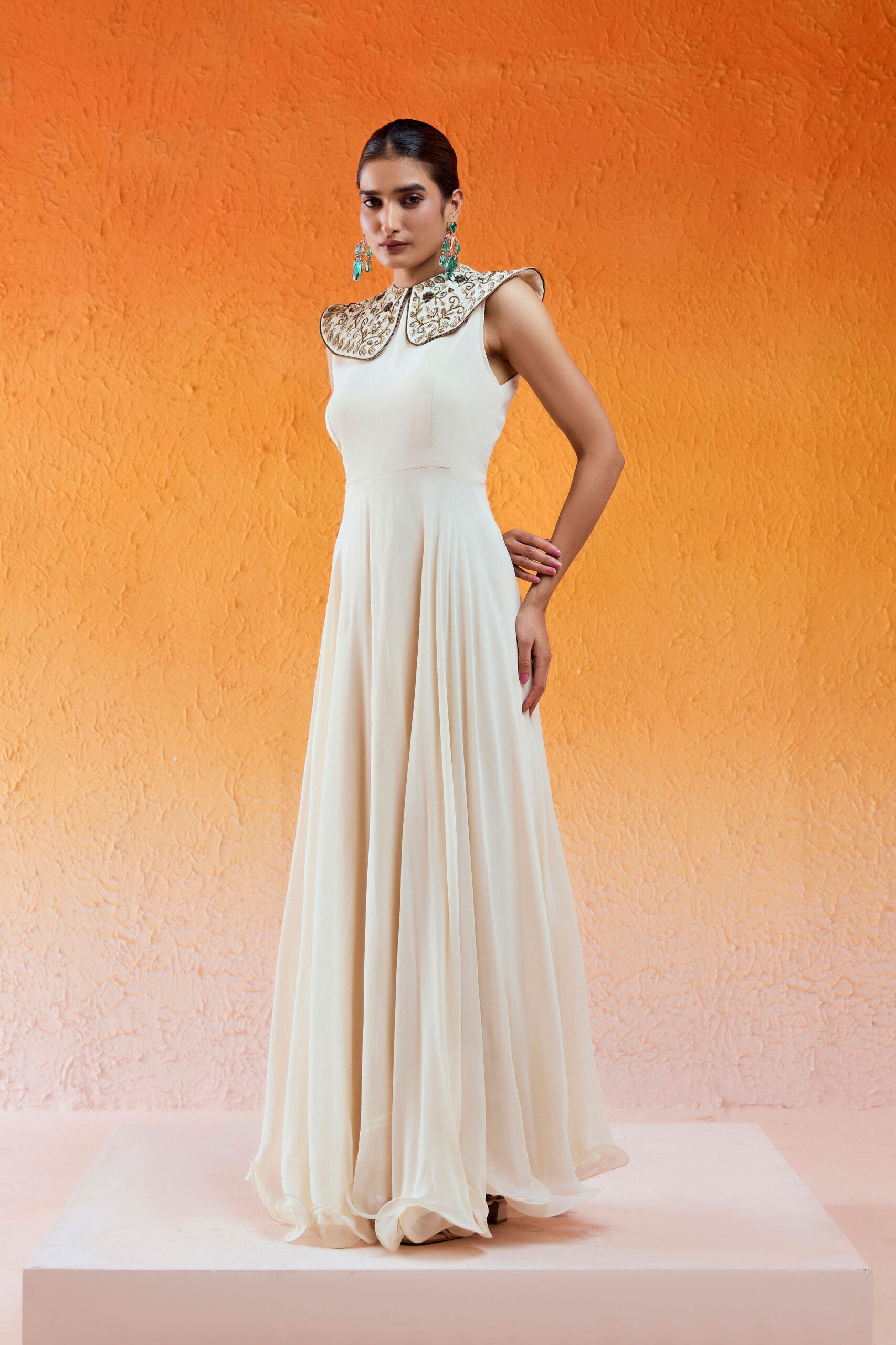 Ivory Pilgrimmed Collar Embroidered Gown - M image
