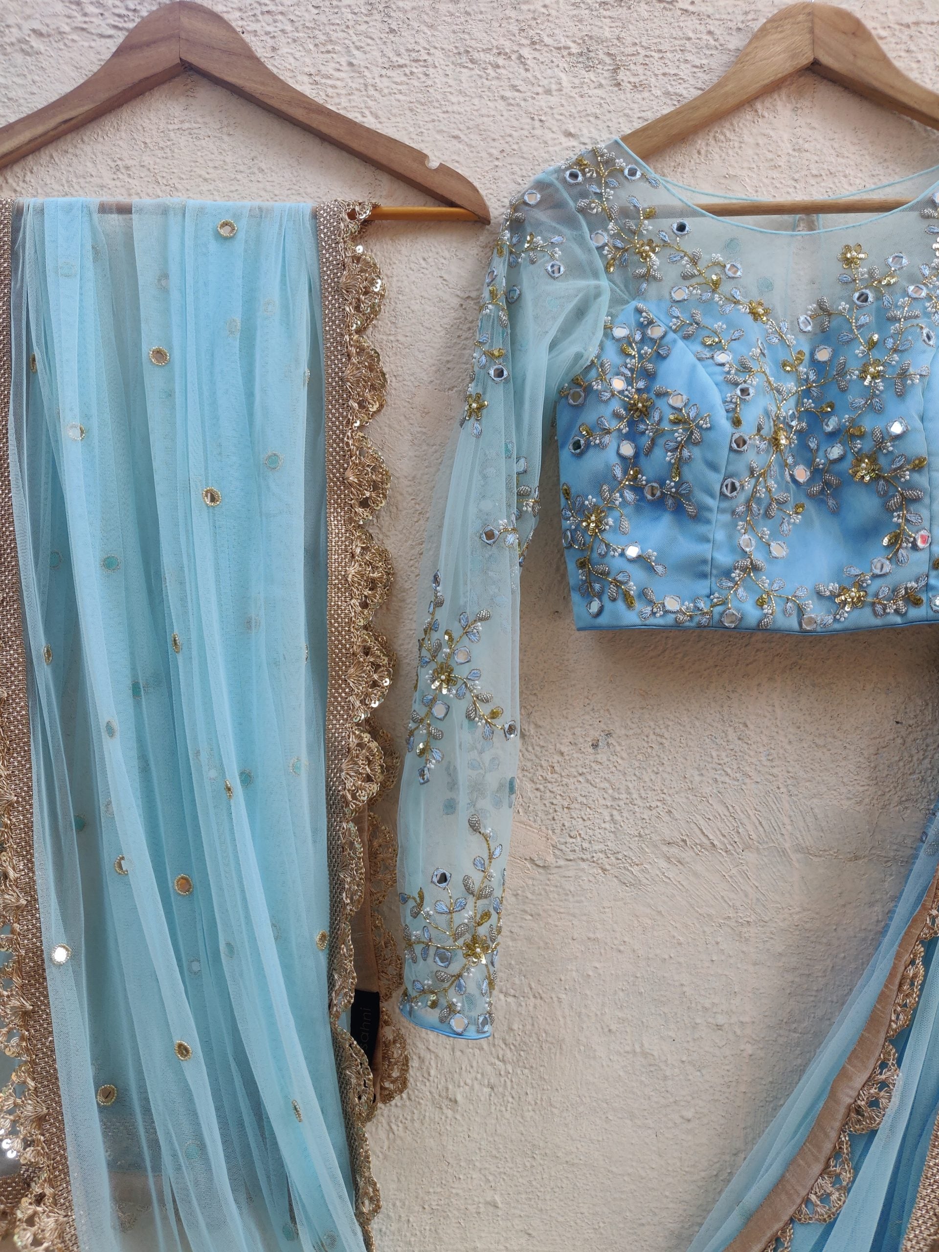 Powder Blue Mirror and Thread Embroidered Lehenga Set image 3