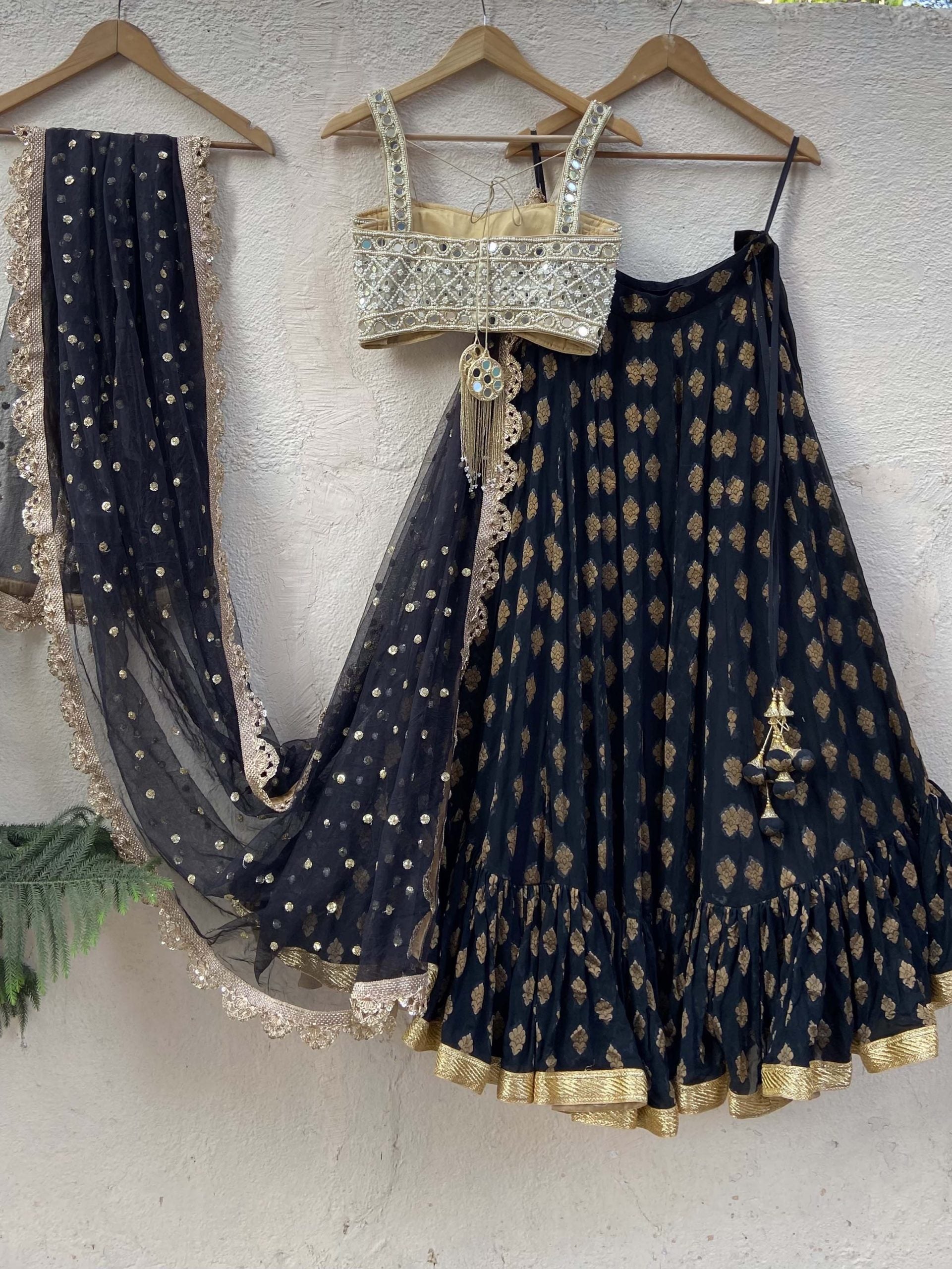 Black Ruffle Lehenga Set with Mirror Bustier image 1