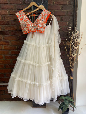 Ivory and Orange Tier Lehenga Set image 4