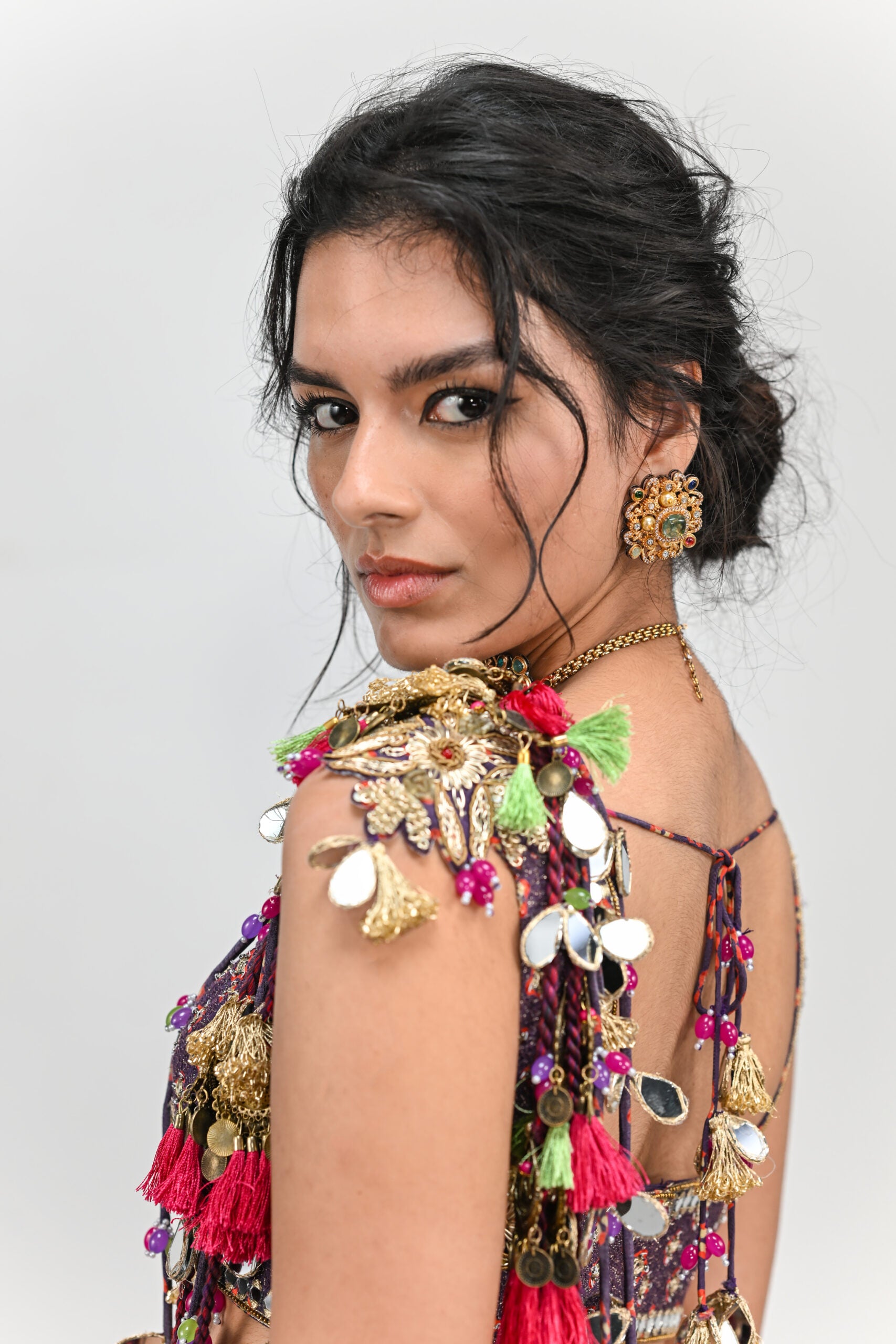Plum Pre Stitched Tassel Saree Paired with Badla Highlighted Blouse image 2