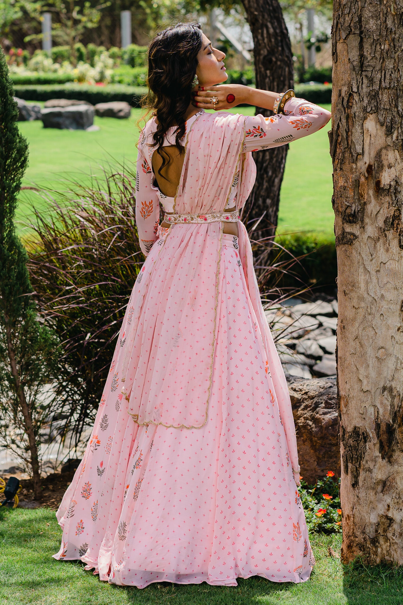 Blush Pink Floral Printed Embroidered Lehenga Set image 2