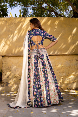 Navy Blue &amp; Off-White Floral Georgette Crepe Embroidered Lehenga Set image 4