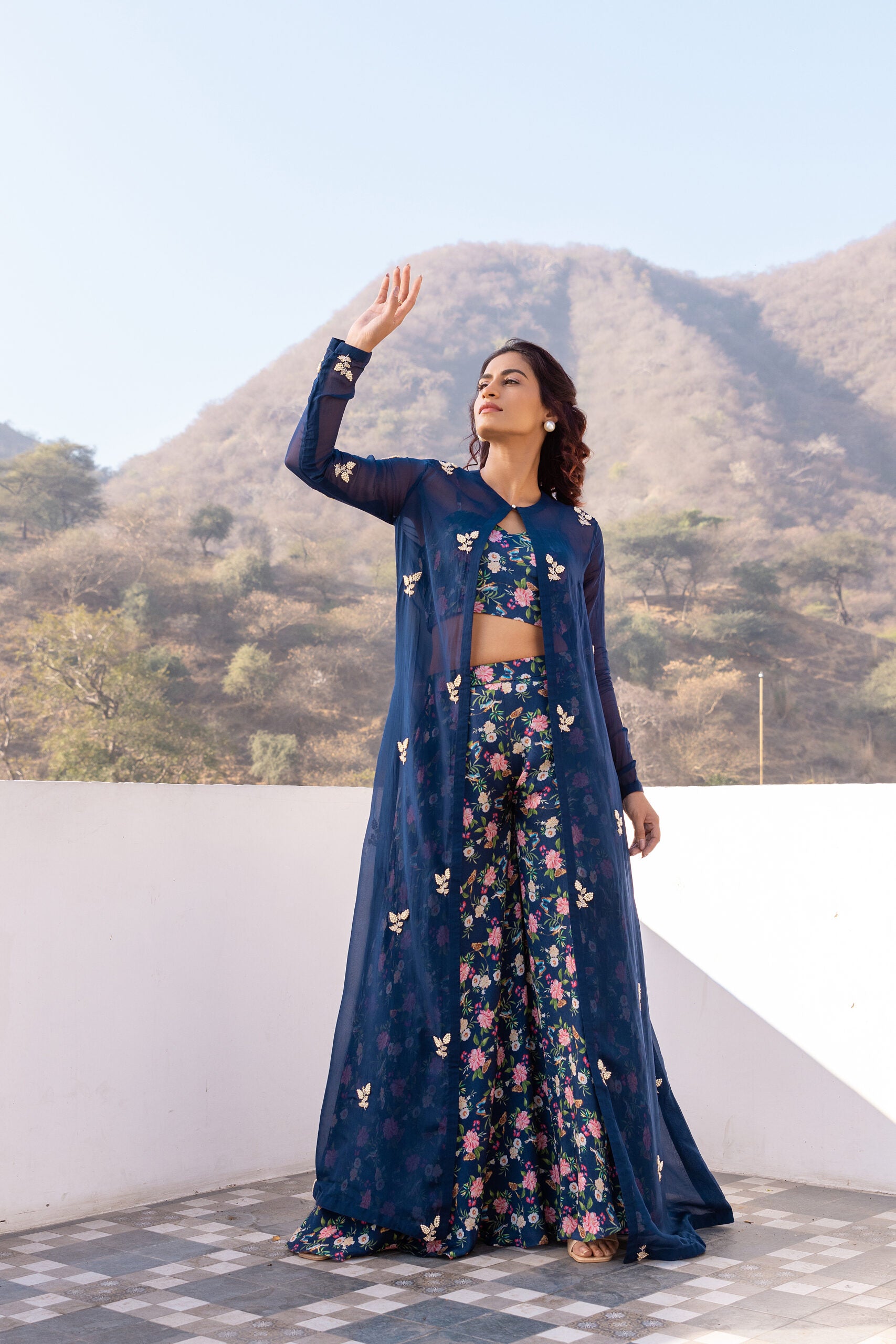 Blue Embroidered Organza Jacket Set image 0