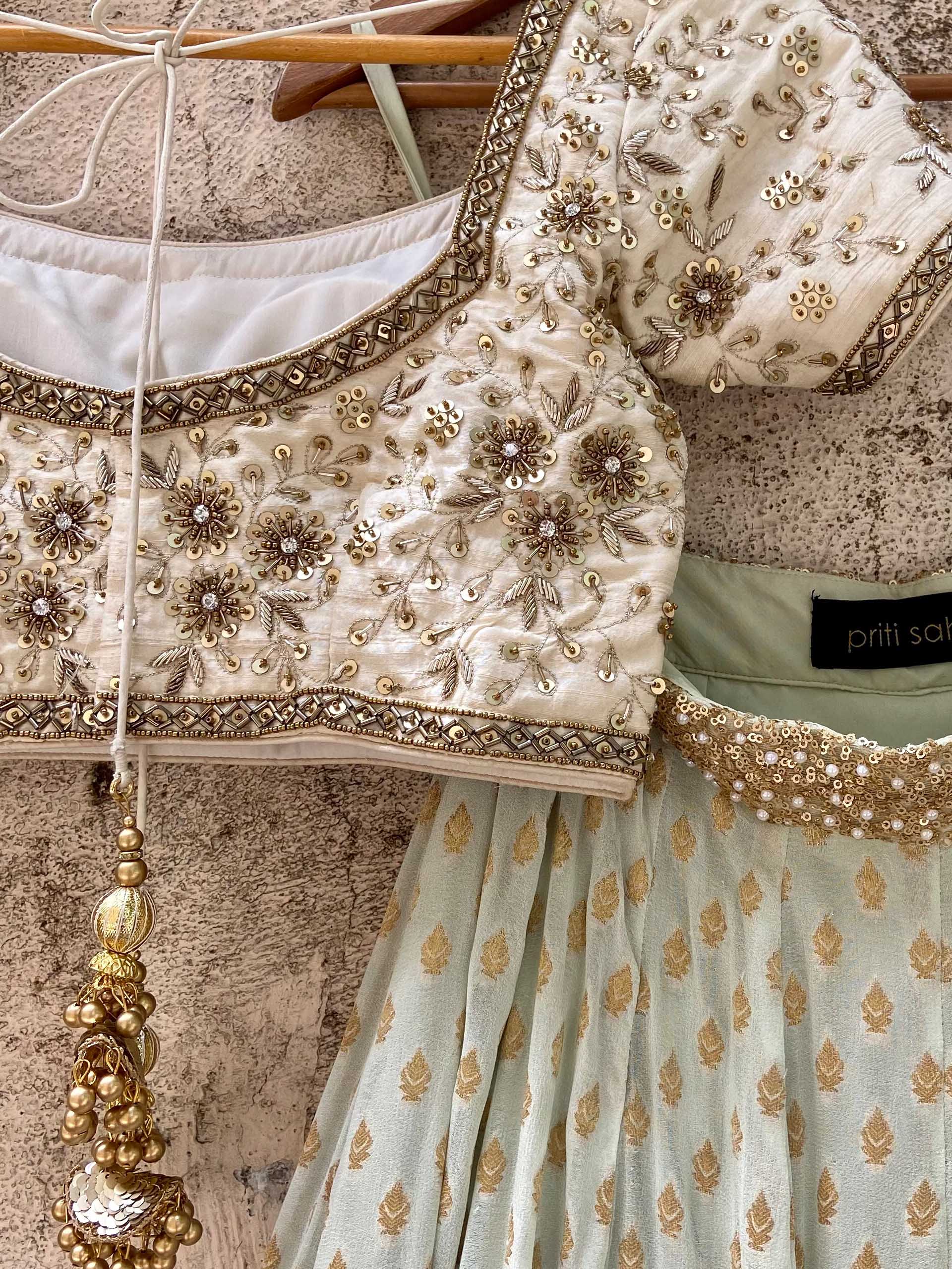 Pastel Mint Green Zari Lehenga Set image 1