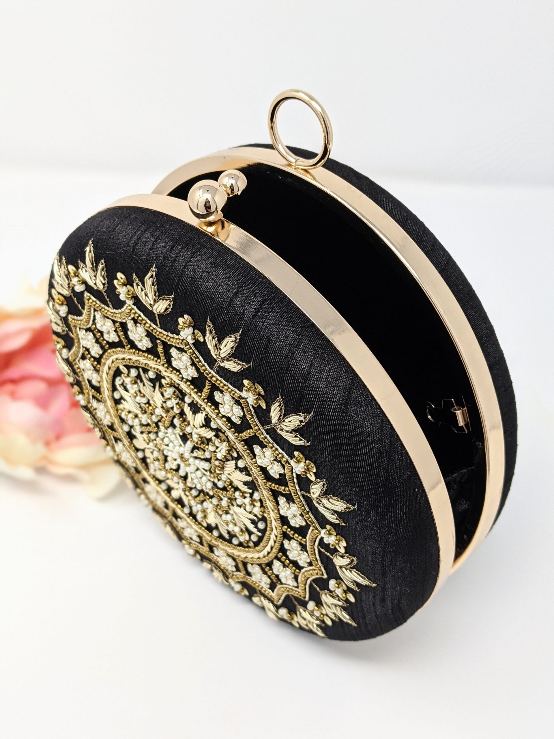 Black Round Embroidered Clutch image 1