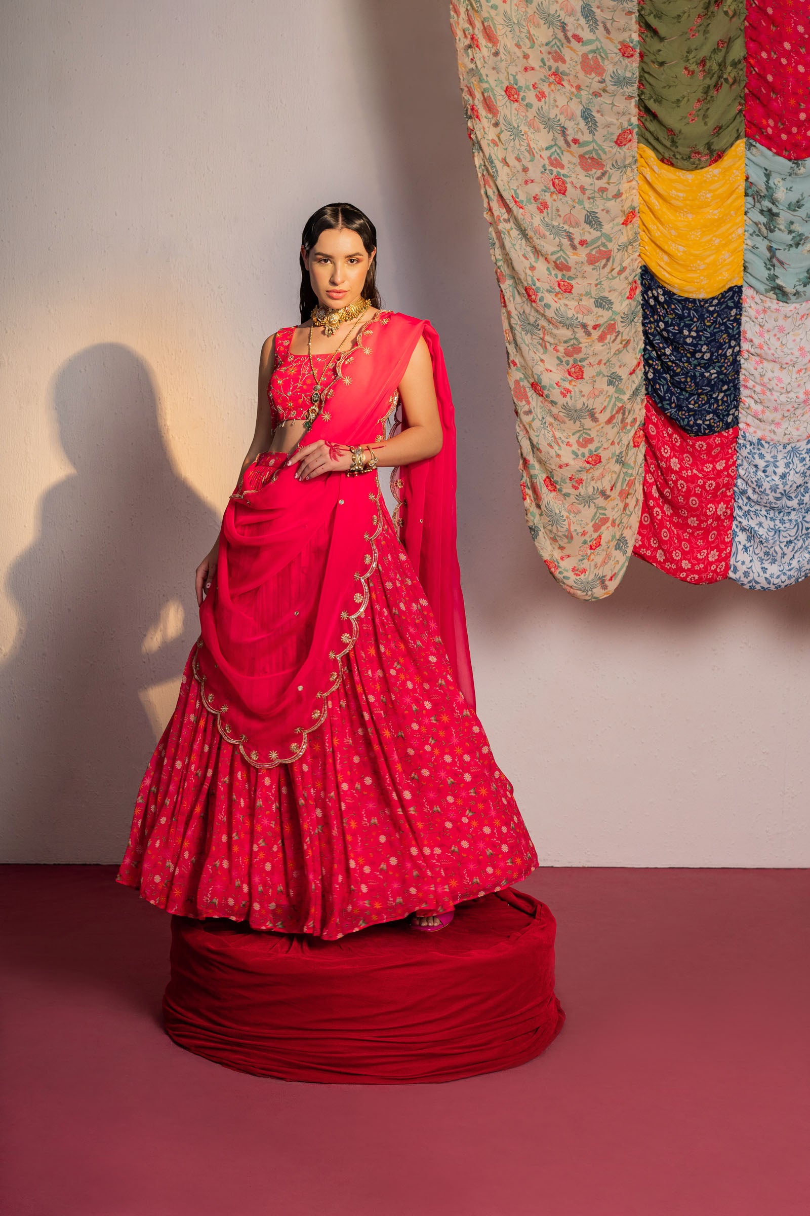 Hot Pink Printed And Embroidered Lehenga Set image 1
