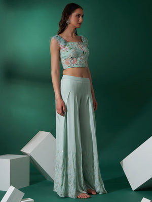 Sea Green Feather Flared Pant Set image 3