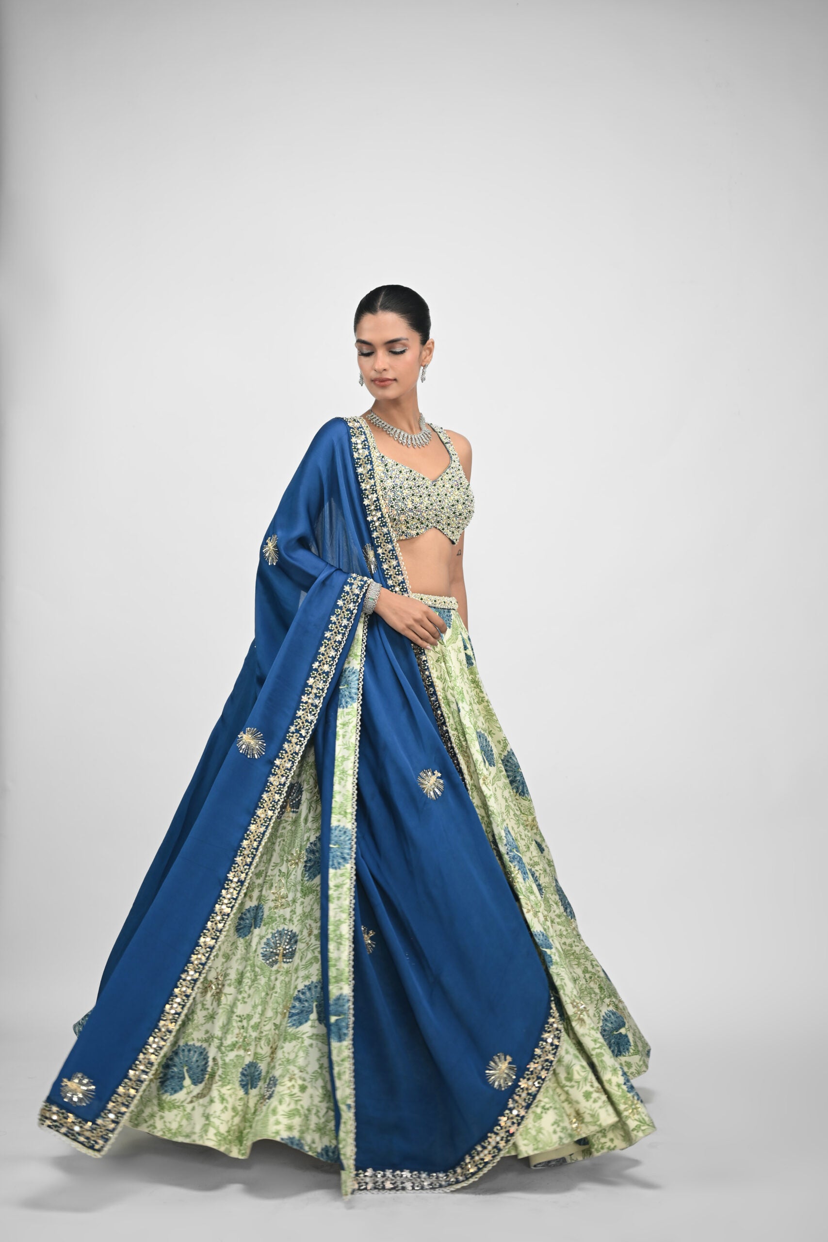 Peacock Highlighted Lehenga Paired with Pearl Blouse and Embroidered Dupatta image 0