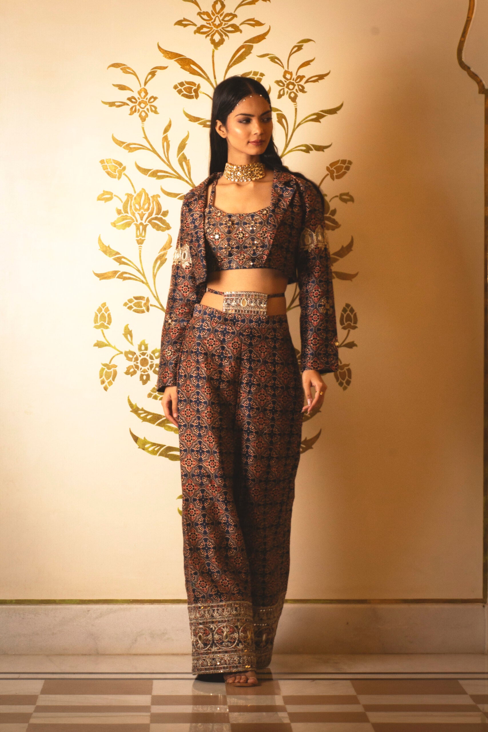 Ajrakh Print Tie-at-Waist Pant Coat Set - L image