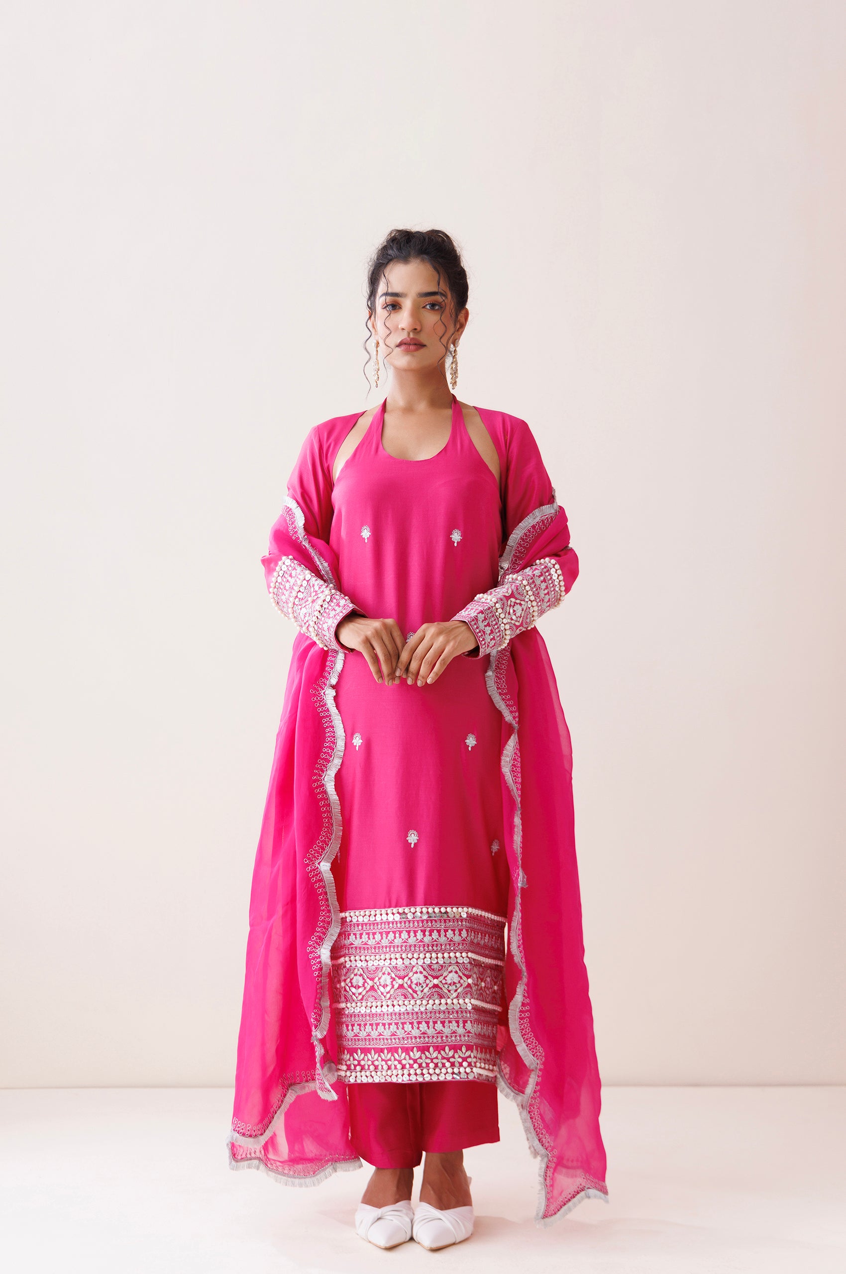 Hot Pink Chanderi Halter Neck Kurta Set - L image