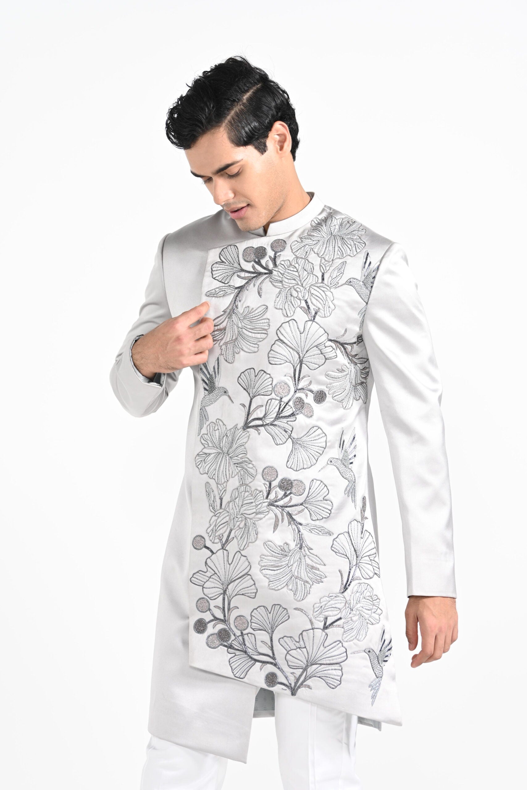 Barely Grey Satin Achkan Set image 6